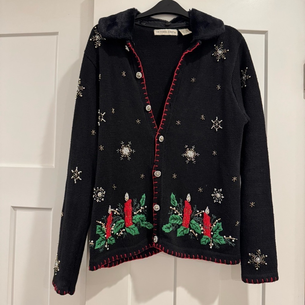 Victoria Jones Candles in the Starlight Christmas Sweater, Faux Fur Collar Small